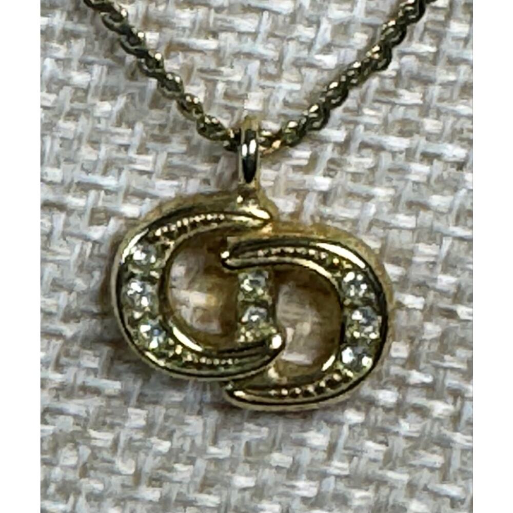 Christian Dior Rhinestone CD Pendant Necklace Gold Tone Vintage